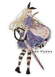 Rule 34 | 1girl, alice (alice in wonderland), alice in wonderland, apron, bity3155660241, black footwear, blonde hair, blood, blood on clothes, bloody weapon, blue dress, bow, dress, from behind, full body, hair bow, hairband, holding, holding weapon, long hair, looking at viewer, looking back, oversized object, pantyhose, puffy short sleeves, puffy sleeves, rabbit, red eyes, scissors, shoes, short sleeves, simple background, solo, standing, striped clothes, striped pantyhose, stuffed animal, stuffed rabbit, stuffed toy, weapon, white background