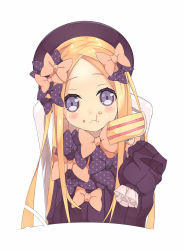 Rule 34 | 1girl, :t, abigail williams (fate), aiee, black bow, black dress, black hat, blonde hair, blue eyes, blush, bow, bug, butterfly, cake, cake slice, chair, closed mouth, commentary request, dress, eating, fate/grand order, fate (series), food, food on face, forehead, fork, hair bow, hat, head tilt, highres, holding, holding fork, insect, long hair, long sleeves, looking at viewer, on chair, orange bow, parted bangs, polka dot, polka dot bow, simple background, sitting, sleeves past fingers, sleeves past wrists, solo, very long hair, wavy mouth, white background