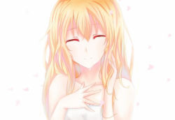 Rule 34 | 10s, 1girl, blonde hair, cherry blossoms, collarbone, closed eyes, female focus, highres, long hair, miyazono kawori, re:rin, shigatsu wa kimi no uso, simple background, smile, solo, tears, upper body, white background