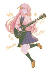 Rule 34 | 1girl, black shirt, black socks, blue eyes, blue skirt, bocchi the rock!, brown footwear, character name, closed mouth, commentary, cube hair ornament, electric guitar, english commentary, full body, gotoh hitori, guitar, hair between eyes, hair ornament, highres, holding, holding instrument, instrument, jacket, kneehighs, loafers, long hair, looking at viewer, music, one side up, open clothes, open jacket, pink hair, pink jacket, playing instrument, pleated skirt, renkkai, shirt, shoes, simple background, skirt, socks, solo, sparkle, standing, track jacket, very long hair, white background