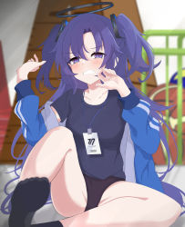 Rule 34 | 1girl, absurdres, ball, basketball, basketball (object), black shirt, blue archive, blush, clenched teeth, cone, halo, highres, id card, jacket, koenza botoke, long hair, looking at viewer, off shoulder, open clothes, open jacket, parted bangs, purple eyes, purple hair, shirt, socks, solo, teeth, two side up, volleyball, volleyball (object), yuuka (blue archive), yuuka (track) (blue archive)