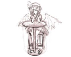 Rule 34 | 1girl, barefoot, bat wings, chair, elbow rest, female focus, hat, kuro suto sukii, remilia scarlet, shoes, unworn shoes, short hair, sitting, sketch, smile, solo, table, touhou, wings
