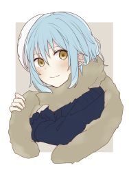 Rule 34 | 1girl, blue hair, closed mouth, cropped torso, fu ku1 437, grey background, grey scarf, hair between eyes, looking at viewer, mask, mask on head, other focus, purple sweater, rimuru tempest, scarf, short hair, smile, solo, sweater, tensei shitara slime datta ken, two-tone background, upper body, white background, yellow eyes