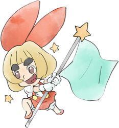 Rule 34 | 1girl, child, flag, gloves, holding, holding flag, lowres, lulu (warioware), nintendo, official art, open mouth, red footwear, short hair, smile, star (symbol), takeuchi kou, thick eyebrows, third-party source, warioware, warioware: get it together!, white gloves