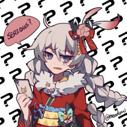 Rule 34 | 1girl, ?, antenna hair, blue eyes, chinese text, hair between eyes, hair ornament, holding, holding phone, honkai (series), honkai impact 3rd, japanese clothes, kiana kaslana, kimono, long hair, long sleeves, looking to the side, meadow (morphinecaca), open mouth, phone, red kimono, simplified chinese text, solo, speech bubble, white background, white hair