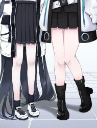 Rule 34 | 2girls, absurdly long hair, allume1220, aris (blue archive), bare legs, belt, black hair, blue archive, head out of frame, highres, jacket, legs, long hair, miniskirt, multiple girls, open clothes, open jacket, shoes, skirt, socks, thighs, very long hair, yuuka (blue archive)