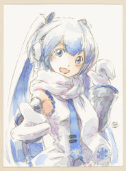 Rule 34 | 1girl, blue eyes, blue hair, blue necktie, commentary, earmuffs, epoxy putty, foreshortening, grey sleeves, hair ornament, hand up, hatsune miku, long hair, mittens, necktie, open mouth, outstretched arm, painting (medium), reaching, reaching towards viewer, scarf, shirt, signature, sleeveless, sleeveless shirt, smile, snowflake print, solo, traditional media, twintails, upper body, very long hair, vocaloid, watercolor (medium), white background, white mittens, white scarf, white shirt, yuki miku, yuki miku (2011)