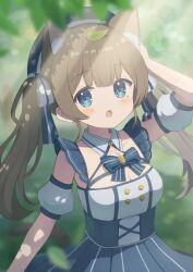 Rule 34 | 1girl, absurdres, animal ears, beret, blue eyes, blurry, blush, bokeh, breasts, brown hair, cat ears, cat girl, cat tail, cleavage, collared dress, depth of field, detached sleeves, dress, hair ribbon, hand on own head, hat, highres, indie virtual youtuber, itigori ena, large breasts, leaf, leaf on head, long hair, looking to the side, mole, mole under eye, open mouth, outdoors, ribbon, sleeveless, sleeveless dress, solo, striped ribbon, sunlight, tail, twintails, tyakomis, underbust, virtual youtuber