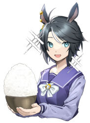Rule 34 | 1girl, animal ears, black hair, blue eyes, bowl, breasts, collarbone, commentary request, cropped torso, ear piercing, fuji kiseki (umamusume), highres, holding, holding bowl, horse ears, long sleeves, looking at viewer, medium breasts, michia (bourgognepony), open mouth, piercing, purple shirt, rice, sailor collar, school uniform, shirt, simple background, smile, solo, sparkle, tracen school uniform, umamusume, upper body, white background