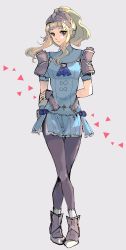 Rule 34 | 1girl, blonde hair, brown eyes, chikefu, clair (fire emblem), closed mouth, dress, fire emblem, fire emblem echoes: shadows of valentia, full body, grey background, helmet, highres, long hair, nintendo, pantyhose, ponytail, short dress, simple background, solo, standing