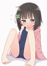Rule 34 | 1girl, ayanepuna, bad feet, bare legs, bare shoulders, barefoot, black hair, blue one-piece swimsuit, blush, clover hair ornament, collarbone, commentary request, flying sweatdrops, four-leaf clover hair ornament, green eyes, grey background, hair ornament, hairclip, highres, hood, hood down, hooded jacket, jacket, knees up, nervous smile, off shoulder, old school swimsuit, one-piece swimsuit, open clothes, open jacket, open mouth, original, pink jacket, school swimsuit, shadow, simple background, sitting, smile, solo, sweat, swimsuit