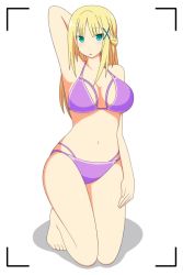 Rule 34 | 1girl, armpits, artist request, bikini, blonde hair, breasts, cleavage, conception 2, curvy, feene glass, green eyes, kneeling, large breasts, long hair, looking at viewer, solo, swimsuit, tagme