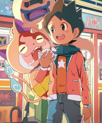 Rule 34 | 10s, 1boy, absurdres, amano keita, bad id, bad pixiv id, bag, belt, besuyama, blue lips, brown eyes, brown hair, cat, convenience store, drooling, closed eyes, fangs, food, ghost, haramaki, highres, jacket, jibanyan, multiple tails, notched ear, open clothes, open jacket, open mouth, plastic bag, saliva, shop, short hair, star (symbol), tail, tongue, tongue out, two tails, watch, whisper (youkai watch), wristwatch, traditional youkai, youkai watch, youkai watch (object)