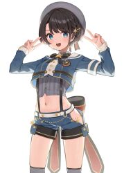 Rule 34 | 1girl, :d, absurdres, armband, back bow, black bow, black bowtie, blue eyes, blue jacket, blue shorts, blush, bow, bowtie, braid, brooch, brown hair, buttons, contrapposto, cowboy shot, cropped jacket, cropped shirt, double v, french braid, grey hat, grey shirt, grey thighhighs, groin, hair ornament, hairclip, hands up, hat, high collar, highres, hip vent, hololive, jacket, jewelry, large bow, long sleeves, looking at viewer, midriff, navel, official alternate costume, oozora subaru, oozora subaru (work), open mouth, over-kneehighs, sailor hat, shirt, short hair, shorts, side braid, simple background, sl10 d, sleeve cuffs, sleeveless, sleeveless shirt, smile, solo, star (symbol), star brooch, star hair ornament, striped clothes, striped shirt, suspenders, swept bangs, thighhighs, v, vertical-striped clothes, vertical-striped shirt, virtual youtuber, w arms, white background