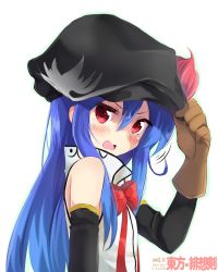 Rule 34 | 1girl, adapted costume, amano kouki, bare shoulders, blue hair, blush, cabbie hat, detached sleeves, embarrassed, flat chest, gloves, hair between eyes, hat, highres, hinanawi tenshi, long hair, open mouth, red eyes, shirt, sleeveless, sleeveless shirt, solo, touhou, white shirt