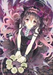 Rule 34 | 1girl, ahoge, animal ears, black dress, black hair, black ribbon, blush, cat ears, chain, character request, copyright name, cross, cuffs, dress, flower, frills, from above, gradient hair, hair flower, hair ornament, hairband, lolita hairband, long hair, looking at viewer, multicolored hair, nozomi fuuten, official art, open mouth, petals, pink hair, purple eyes, ribbon, rose, shackles, sleeveless, sleeveless dress, solo, tears, white rose, z/x