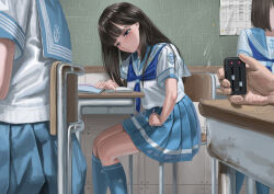 Rule 34 | 1girl, 3others, black hair, chair, chalkboard, classroom, desk, itou tatsuya, long hair, multiple others, original, out of frame, pleated skirt, remote control vibrator, school chair, school desk, school uniform, sex toy, sitting, skirt, solo focus, vibrator, vibrator under clothes