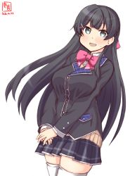 Rule 34 | 1girl, agano (kancolle), artist logo, black hair, black jacket, black skirt, blazer, bow, cardigan vest, commentary request, cosplay, cowboy shot, dated, green eyes, hair ornament, hairclip, highres, jacket, kanon (kurogane knights), kantai collection, long hair, look-alike, looking at viewer, nijisanji, pink bow, pink neckwear, revision, school uniform, simple background, skirt, solo, thighhighs, tsukino mito, tsukino mito (cosplay), v arms, virtual youtuber, white background, white thighhighs