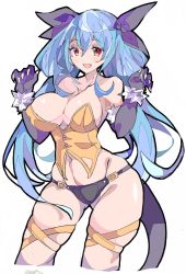 Rule 34 | 1girl, bare shoulders, black panties, blue hair, blush, bow, breasts, claw pose, claws, cleavage, covered erect nipples, detached sleeves, dizzy (guilty gear), enpe, fang, guilty gear, hair between eyes, hair bow, highres, large breasts, leotard, long hair, looking at viewer, midriff, multiple hair bows, navel, open mouth, orange leotard, panties, red eyes, simple background, stomach, tail, thick thighs, thigh gap, thighs, twintails, underwear, white background, wide hips, wrist cuffs
