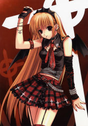 Rule 34 | 1girl, absurdres, animal print, bat wings, black gloves, blonde hair, brown eyes, butterfly print, celtic cross, chain, collar, cross, cross necklace, earrings, fingerless gloves, garter straps, gloves, goth fashion, heart, highres, jewelry, large cross, long hair, miniskirt, mouth hold, nail polish, necklace, necktie, plaid, plaid skirt, punk, red nails, red necktie, ring, safety pin, scan, single glove, skirt, solo, spider web print, suzuhira hiro, thighhighs, wings
