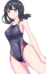 Rule 34 | bare shoulders, black hair, black one-piece swimsuit, blue eyes, blush, breasts, closed mouth, collarbone, competition swimsuit, elfenlied22, fate/requiem, fate (series), highleg, highleg swimsuit, highres, large breasts, looking at viewer, medium hair, multicolored hair, one-piece swimsuit, pink hair, sidelocks, smile, solo, streaked hair, swimsuit, thighs, utsumi erice
