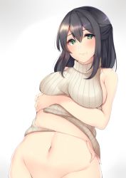 Rule 34 | 1girl, ashino, black hair, blush, bottomless, breasts, gradient background, green eyes, highres, large breasts, long hair, looking at viewer, mole, mole under mouth, naked sweater, navel, no panties, original, out-of-frame censoring, sideboob, solo, sweater