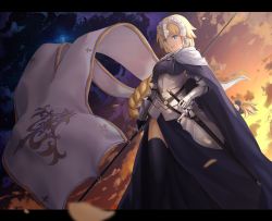 Rule 34 | 1girl, absurdres, armor, armored dress, banner, black thighhighs, blonde hair, blue eyes, braid, breasts, cape, fate/apocrypha, fate/grand order, fate (series), gauntlets, headpiece, highres, jeanne d&#039;arc (fate), jeanne d&#039;arc (ruler) (fate), lanzi (415460661), long hair, ruler (fate/grand order), smile, solo, thighhighs