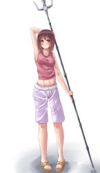 Rule 34 | 1girl, bad id, bad pixiv id, blush, breasts, brown hair, highres, holding, holding polearm, holding spear, holding trident, holding weapon, itsuwa, kino (kino buro), medium breasts, midriff, navel, polearm, sandals, short hair, smile, solo, spear, toaru majutsu no index, toaru majutsu no index: old testament, trident, weapon, yellow eyes, yellow theme