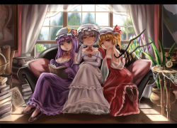 Rule 34 | 3girls, blonde hair, book, dress, female focus, flandre scarlet, letterboxed, multiple girls, open book, patchouli knowledge, purple hair, qblade, reading, red eyes, remilia scarlet, revision, sitting, touhou, white hair, wings