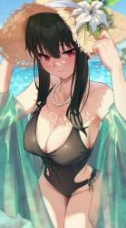 Rule 34 | 1girl, armpits, arms up, black hair, black one-piece swimsuit, blurry, blurry background, blush, breasts, cleavage, cross-laced clothes, cross-laced one-piece swimsuit, green shawl, hands on headwear, hat, highres, jewelry, large breasts, looking at viewer, necklace, one-piece swimsuit, outdoors, pearl necklace, red eyes, see-through, see-through shawl, shawl, solar (happymonk), solo, spy x family, straw hat, swimsuit, yor briar