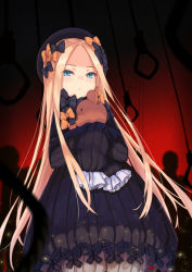 Rule 34 | 1girl, abigail williams (fate), black hat, blonde hair, bloomers, blue eyes, blurry, bow, closed mouth, commentary request, cowboy shot, depth of field, dress, expressionless, eyes visible through hair, fate/grand order, fate (series), floating hair, from below, hair bow, hands in opposite sleeves, hat, holding, holding stuffed toy, hugging object, light particles, long hair, long sleeves, looking at viewer, maru (maru1625), md5 mismatch, multiple hair bows, noose, orange bow, polka dot, polka dot bow, red background, resolution mismatch, short dress, sidelocks, silhouette, solo, source larger, standing, straight hair, stuffed animal, stuffed toy, teddy bear, underwear, very long hair, white bloomers