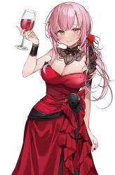 Rule 34 | 1girl, blush, breasts, commentary, cowboy shot, cup, detached collar, dress, drinking glass, flower, grey ribbon, hair flower, hair ornament, hair ribbon, hand up, highres, holding, holding cup, hololive, hololive english, large breasts, long hair, looking at viewer, machi (7769), mori calliope, mori calliope (party dress), nail polish, official alternate costume, parted lips, pink eyes, pink hair, red dress, red flower, red rose, ribbon, rose, simple background, smile, solo, strapless, strapless dress, virtual youtuber, white background, wrist cuffs