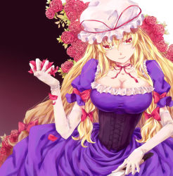 Rule 34 | 1girl, blonde hair, breasts, cleavage, folded fan, corset, dress, elbow gloves, hand fan, female focus, flower, folding fan, gloves, hat, hat ribbon, large breasts, lips, long hair, petals, red flower, red rose, ribbon, rose, smile, solo, soso, touhou, very long hair, white gloves, yakumo yukari, yellow eyes