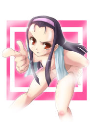 Rule 34 | 00s, 1girl, black hair, censored, censored nipples, convenient censoring, foreshortening, hair censor, hair over breasts, hairband, hand on own hip, idolmaster, idolmaster xenoglossia, long hair, minase iori, nude, open mouth, pointing, ranshin, solo, steam, steam censor, towel, uneven eyes