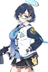 Rule 34 | 1girl, absurdres, aqua eyes, black hair, blackheart, blue archive, breasts, cardigan, chihiro (blue archive), glasses, gun, halo, hand in pocket, highres, holding, holding gun, holding weapon, jacket, large breasts, necktie, pleated skirt, short hair, skirt, watch, weapon, white background, wristwatch