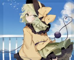Rule 34 | 1girl, bird, black hat, blue sky, bow, closed mouth, cloud, cowboy shot, from behind, green eyes, green hair, green skirt, hat, hat bow, heart, heart of string, highres, komeiji koishi, long sleeves, looking at viewer, looking back, outdoors, shirt, skirt, sky, solo, sorani (kaeru0768), standing, taking picture, third eye, touhou, wide sleeves, yellow bow, yellow shirt