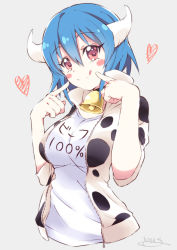 Rule 34 | 1girl, absurdres, animal print, bell, blue hair, blush, breasts, closed mouth, collar, cow girl, cow horns, cow print, highres, horns, jashin-chan dropkick, large breasts, looking at viewer, minos (jashin-chan dropkick), neck bell, red eyes, short hair, smile, solo, tongue, tongue out, upper body, yuuki shushu