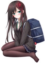Rule 34 | 1girl, aqua eyes, bag, bag charm, black pantyhose, breasts, brown hair, cardigan, charm (object), cleavage, colored eyelashes, covered mouth, duffel bag, flower, full body, gradient hair, hair flower, hair ornament, hair over one eye, highres, jewelry, knees together feet apart, long hair, long sleeves, looking at viewer, medium breasts, miniskirt, multicolored hair, necklace, necktie, original, pantyhose, pleated skirt, red hair, rose, school uniform, simple background, sitting, skirt, solo, tsurime, wariza, white background, wing collar, yoye (pastel white)