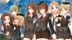 Rule 34 | 6+girls, anchovy (girls und panzer), blonde hair, blue eyes, blush, bow, breasts, brown eyes, brown hair, closed mouth, cup, darjeeling (girls und panzer), girls und panzer, green hair, hair bow, hair ornament, hair ribbon, hat, highres, kadotani anzu, katyusha (girls und panzer), kay (girls und panzer), large breasts, long hair, looking at another, looking at viewer, medium breasts, megadeko, mika (girls und panzer), military, military hat, military uniform, multiple girls, nishizumi maho, one eye closed, open mouth, outdoors, ponytail, red eyes, ribbon, selection university military uniform, short hair, small breasts, smile, teacup, twintails, uniform, v