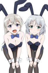 Rule 34 | 2girls, animal ears, black leotard, black pantyhose, blue eyes, bow, bowtie, breasts, cleavage, commentary request, detached collar, eila ilmatar juutilainen, fake animal ears, feet out of frame, green eyes, hands on own knees, highres, kanata mako, leotard, long hair, looking at viewer, medium breasts, multiple girls, pantyhose, playboy bunny, rabbit ears, sanya v. litvyak, short hair, side-tie leotard, simple background, small breasts, smile, strike witches, thigh gap, white background, white hair, world witches series, wrist cuffs