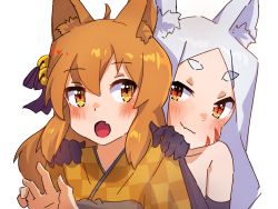 Rule 34 | 2girls, ahoge, animal ear fluff, animal ears, bell, black bow, black gloves, blush, bow, brown eyes, brown hair, brown kimono, checkered clothes, checkered kimono, closed mouth, commentary request, elbow gloves, facial mark, fang, fang out, forehead, fox ears, gloves, hair bell, hair between eyes, hair bow, hair ornament, hands on another&#039;s shoulders, hands up, highres, japanese clothes, jingle bell, kimono, kuro kosyou, multiple girls, parted bangs, red eyes, sewayaki kitsune no senko-san, shiro (sewayaki kitsune no senko-san), short eyebrows, silver hair, simple background, smile, suzu (sewayaki kitsune no senko-san), thick eyebrows, upper body, whisker markings, white background