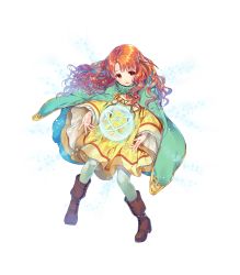 Rule 34 | 1girl, boots, bow, cape, child, curly hair, dress, fire emblem, fire emblem: radiant dawn, fire emblem heroes, full body, hair ornament, highres, long hair, magic, miwabe sakura, nintendo, official art, open mouth, orange hair, red eyes, solo, sparkle, transparent background, yune (fire emblem)