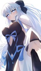 Rule 34 | 1girl, black bow, black dress, blue eyes, bow, braid, breasts, center opening, cleavage, clothing cutout, dress, fate/grand order, fate (series), french braid, grey hair, hair bow, highres, large breasts, long hair, long sleeves, looking at viewer, morgan le fay (fate), ponytail, sidelocks, solo, stomach cutout, thighs, two-tone dress, umi endu, very long hair