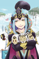 Rule 34 | 2girls, arete (fire emblem), azura (fire emblem), blue hair, bodystocking, boots, breasts, cape, chibi, fire emblem, fire emblem fates, floating, floating island, garon (fire emblem), gloves, hair ornament, heart, highres, iago (fire emblem), japanese text, long sleeves, looking at viewer, magiquasar, mask, mother and daughter, multiple girls, nintendo, short hair, smile, tagme, white hair, yellow eyes
