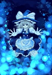 Rule 34 | 1girl, bad id, bad pixiv id, blonde hair, blue eyes, bow, braid, dress, energy ball, female focus, hair bow, hal360, hat, kirisame marisa, open mouth, outstretched arms, single braid, solo, touhou, witch, witch hat