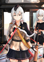 Rule 34 | 2girls, absurdres, belt, black gloves, black skirt, breasts, brown jacket, character name, character request, cloak, dragunov svd, girls&#039; frontline, gloves, grey eyes, gun, hair ornament, hairclip, hat, highres, huge filesize, jacket, long hair, looking at viewer, military, military hat, military uniform, multiple girls, muteppona hito, rifle, shirt, skirt, smile, sniper rifle, svd (girls&#039; frontline), tape, uniform, weapon, weapon case, white hair, white shirt