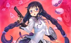 Rule 34 | 1girl, absurdres, akemi homura, black hair, blush, braid, breasts, capelet, glasses, gun, hairband, handgun, highres, holding, holding gun, holding weapon, long hair, looking at viewer, magical girl, mahou shoujo madoka magica, mahou shoujo madoka magica (anime), mogudan, open mouth, pistol, pleated skirt, purple eyes, red-framed eyewear, shield, shiny skin, skirt, small breasts, solo, twin braids, upper body, weapon