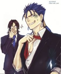 Rule 34 | 2boys, bespectacled, black hair, blue hair, brown hair, cu chulainn (fate), earrings, fate/stay night, fate (series), formal, glasses, jewelry, kotomine kirei, cu chulainn (fate/stay night), long hair, male focus, multiple boys, necktie, ponytail, sparkle, suit, yuri (k a other)