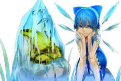 Rule 34 | 1girl, aritoki ritsu, blue dress, blue eyes, blue hair, bow, circled 9, cirno, dress, frog, frozen, frozen frog, hair ribbon, hand on own face, ice, ice wings, looking at another, matching hair/eyes, puffy sleeves, ribbon, rock, shirt, short hair, short sleeves, simple background, sitting, sitting on rock, smile, solo, text focus, touhou, white background, white shirt, wings