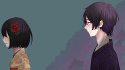Rule 34 | 1boy, 1girl, black hair, black hakama, blue background, bob cut, closed mouth, commission, crying, crying with eyes open, false smile, floral print, flower, from side, frown, grey background, hair flower, hair ornament, hakama, highres, ikanaide (vocaloid), japanese clothes, kimono, lips, looking at another, multicolored background, multicolored hair, no eyes, obi, pink lips, print kimono, profile, purple background, purple eyes, purple hair, red flower, red sash, sash, shaded face, short hair, smile, tears, two-tone hair, vocaloid, yellow kimono, yuzuki yuzuru